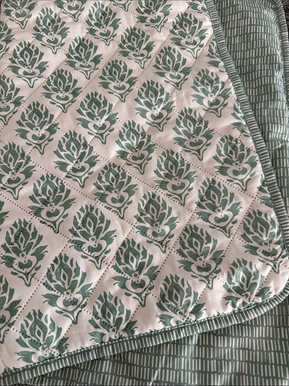 Green Block Print Quilted light Bedspread with 2 shams